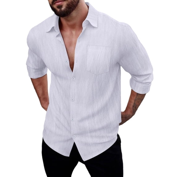 LNWUY Mens Long Sleeve Shirt Linen Cotton Hippie Beach Button Down Shirts Breathable Comfy Solid Color Shirts Top White L
