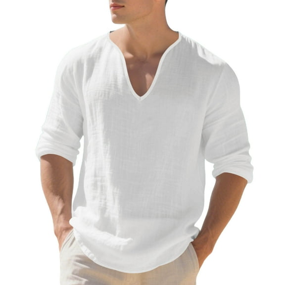 LNWUY Mens Loose Cotton Linen Tunic Henley Shirt Casual Beach Long Sleeve V Neck Tops Hippie Yoga Shirts Blouse White S