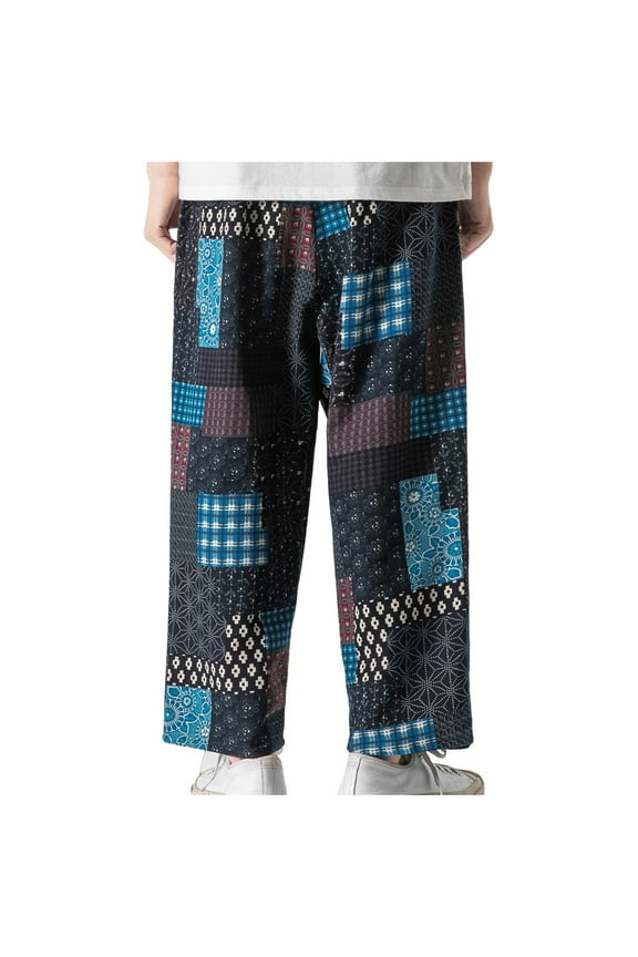 Mens Patchwork Wide Leg Pants Elastic Waist Harlem Capri Pants Loose Beach Trouser Summer Outdoor Casual Plus Size pants Blue L