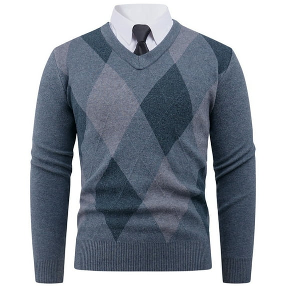 LNWUY Mens Plaid Printed V Neck Dress Sweater Knit Long Sleeve Slim Fit Sweaters Fall and Winter Trendy Pullover Top Gray M
