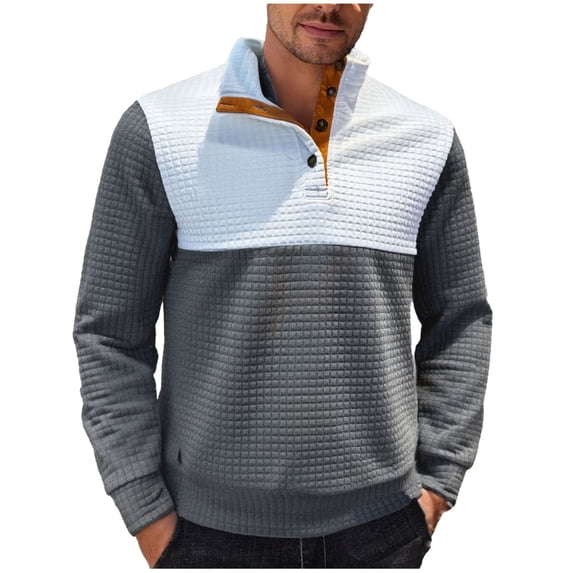 LNWUY Mens Quarter Button Pullover Quilted Sweatshirt Casual Knit Long Sleeve Mock Neck Sweater Waffle Collared Pullover Gray S