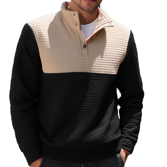 LNWUY Mens Quarter Button Pullover Quilted Sweatshirt Casual Knit Long Sleeve Mock Neck Sweater Waffle Collared Pullover Yellow M