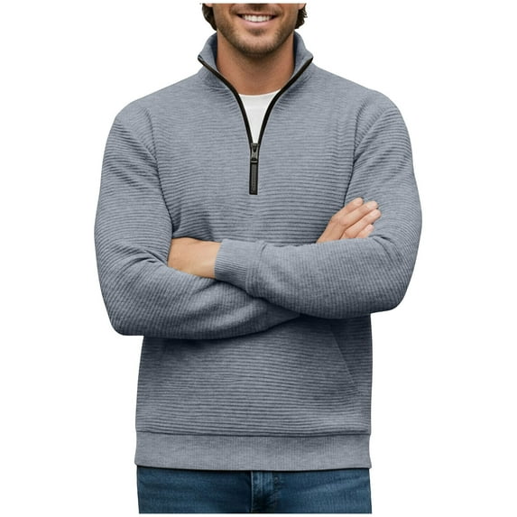 LNWUY Mens Quarter-Zip Pullover Sweatshirt Solid Color Long Sleeve Tops Mock Neck Winter Spring Sporty Casual Sweaters Gray L