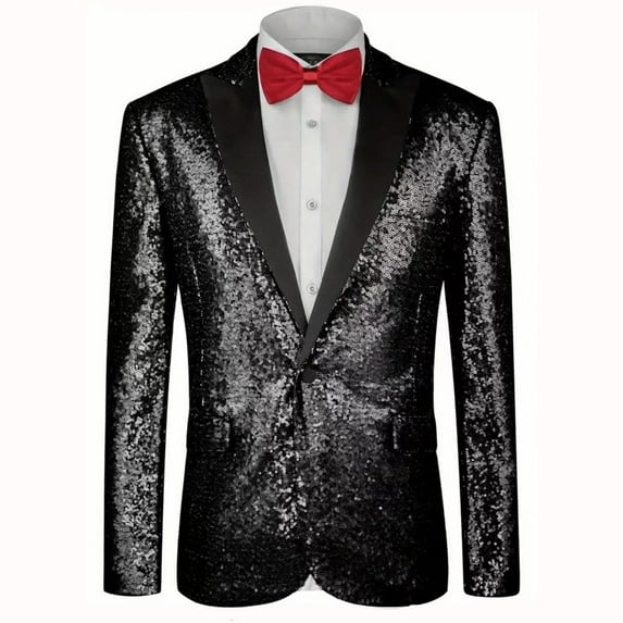 LNWUY Mens Sequin Dress Coat Lapel Single Button Slim Fit Tailcoat Dinner Party Wedding Blazer Suit Jacket Black S
