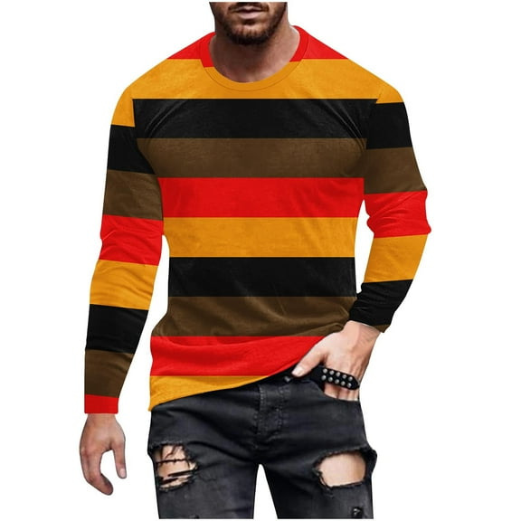 LNWUY Mens Shirts Soft Breathable Comfortable Cotton Crewneck Long Sleeve Basic Pullover Stripe Printed Casual Tee Shirt Orange M