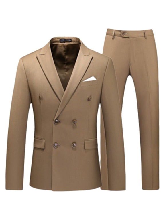 Mens Slim Fit 2 Piece Suit Double Breasted Blazer Dress Pants Jacket Sets for Wedding Business Casual Long Sleeved Jacket Long Pants Suit Set Khaki XXXXXXL