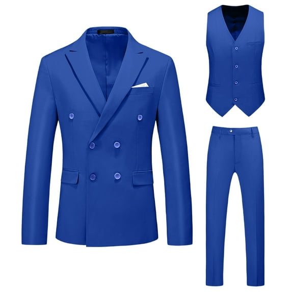 LNWUY Mens Slim Fit 3 Piece Suit Double Breasted Blazer Dress Pants Vest Jacket Sets for Wedding Business Casual Long Sleeved Jacket Long Pants Suit Set Blue XXXXL