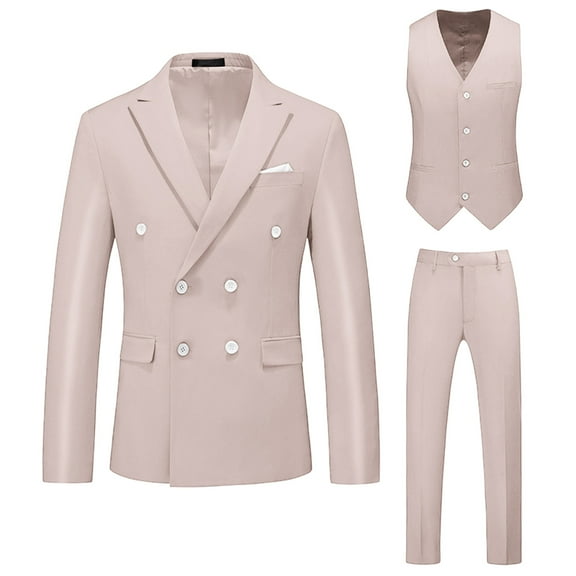 LNWUY Mens Slim Fit 3 Piece Suit Double Breasted Blazer Dress Pants Vest Jacket Sets for Wedding Business Casual Long Sleeved Jacket Long Pants Suit Set Beige XXL