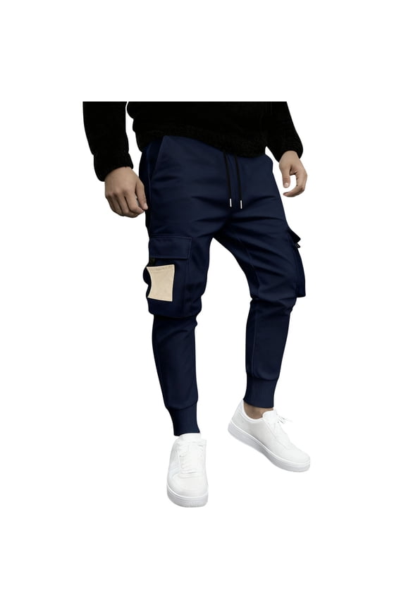Mens Solid Color Casual Cargo Joggers Pants Stretch Elastic Waist Drawstring Tapered Sweatpants with Pockets Blue M