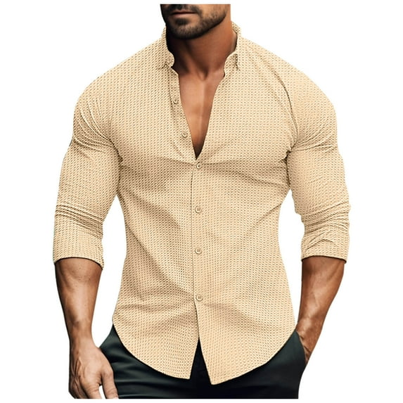 LNWUY Mens Solid Color Long Sleeve Button Down Shirts Wrinkle Free Stretch Untucked Dress Shirts Fashion Business Casual Shirts Khaki M