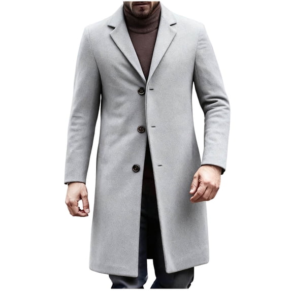 LNWUY Mens Solid Color Long Trench Coat Slim Fit Notched Collar Fall Winter Fashion Single Breasted Pea Coat Warm Soft Overcoat Gray XS
