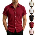 thumbnail image 1 of LNWUY Mens Solid Color Textured Short Sleeve Button Down Shirts Casual Stylish Summer Slim Fit Collared Business Work Tops Black M, 1 of 9