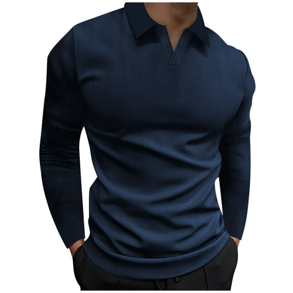 LNWUY Mens Solid Color V Neck Shirts Casual Long Sleeve Slim Fit Golf T-Shirts Soft Breathable Comfortable Cotton Top Tees Blue XL