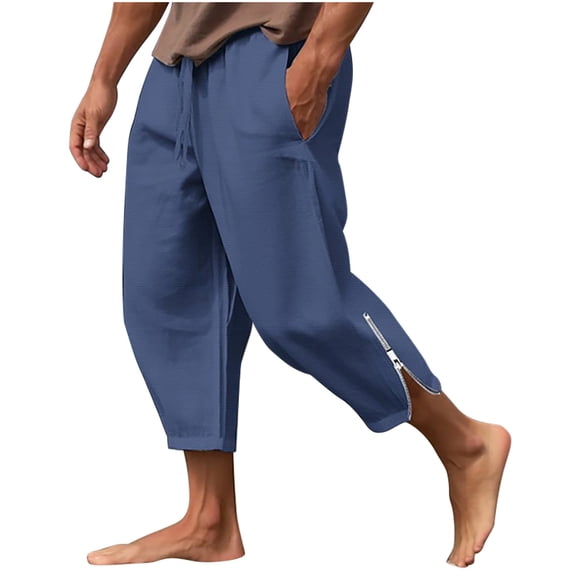 LNWUY Mens Solid Cotton Linen Pants Elastic Waist Drawstring Loose Comfy Breathable Lounge Pants Casual Lightweight Beach Trousers Navy M