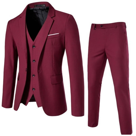 LNWUY Mens Solid Fashion 2 Piece Tuxedo Suits Slim Fit Casual Suit Blazer Two Button V-Neck Wedding Prom Jackets Vest&trousers Wine M