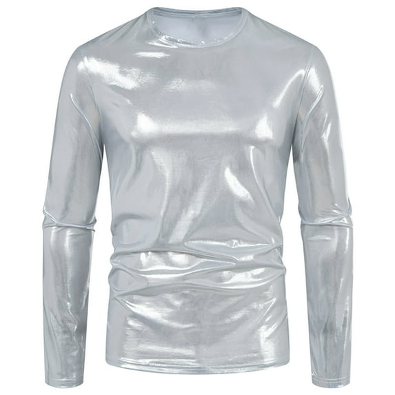 LNWUY Mens Solid Fashion Shirts Tunic Tops Metallic Shiny Wet Look T-Shirt Patent Leather Hip Hop Nightclub Party Blouse Silver S