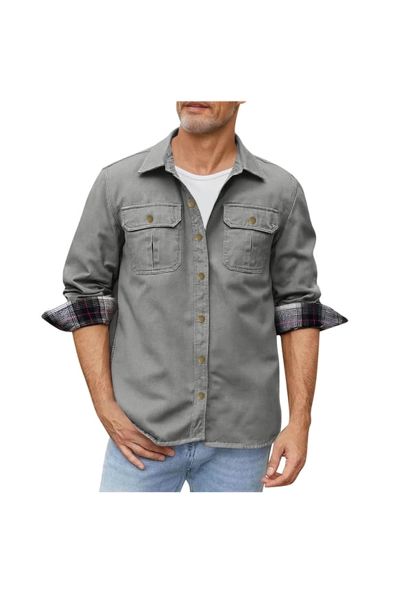 Mens Spring Autumn Multi-Pocket Workwear Motorcycle Style Jacket Lapel Thin Button Down Street Casual Long Sleeve Top Gray S