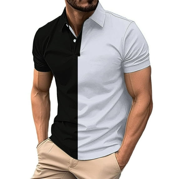 LNWUY Mens Stripe Printed Pullover Classic Fit Turndown Collar Button Down Shirts Short Sleeve Summer Solid Color Casual Shirts Black M