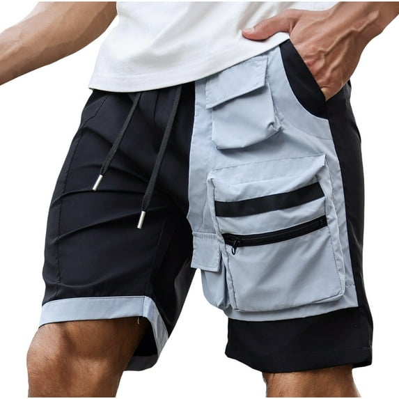 LNWUY Mens Summer Casual Cargo Shorts Color Block Cotton Drawstring Shorts Loose Comfort Breathable Stretch Short with Pocket Black S