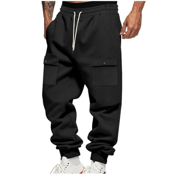 LNWUY Mens Thick Winter Warm Fleece Cargo Sweatpants Heavyweight Elastic Waist with Pockets Baggy Drawstring Jogger Pants Black XXXL