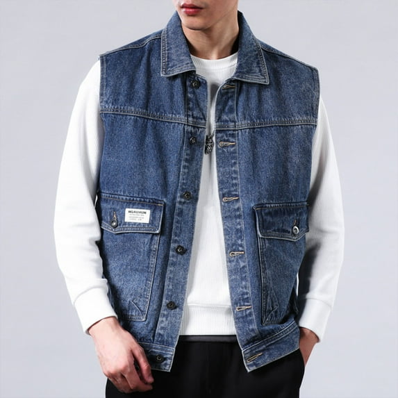 LNWUY Mens Vintage Design Denim Vest Retro Sleeveless Jackets Waistcoats Vest Solid Color Motorcycle Turndown Collar Denim Jacket Blue L