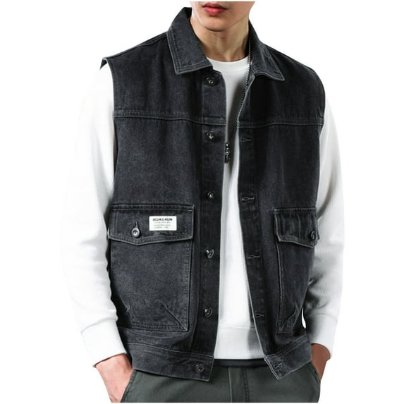 LNWUY Mens Vintage Design Denim Vest Retro Sleeveless Jackets Waistcoats Vest Solid Color Motorcycle Turndown Collar Denim Jacket Gray XXXXL