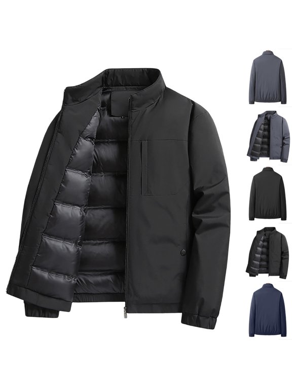 Mens Winter Thickened Down Jacket Windproof Waterproof Outdoor Casual Business Solid Color Puffer Coat Outerwear Blue L