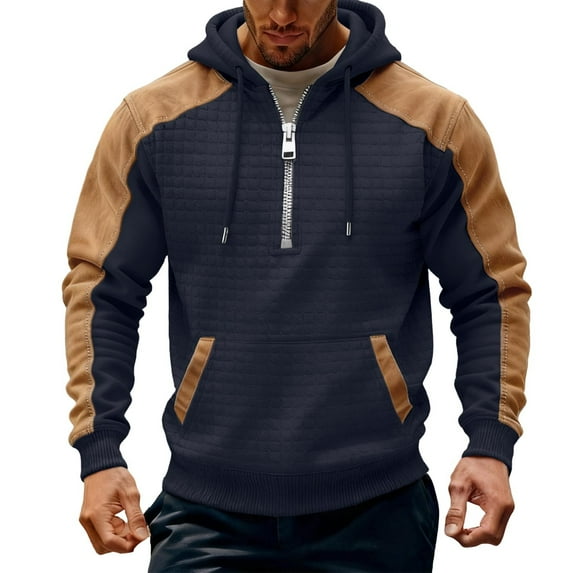 LNWUY Mens Zip Up Hoodie Quarter Zip Pullover Vintage Casual Warm Winter Jacket Fashion Streetwear Outfit with Pocket Blue S