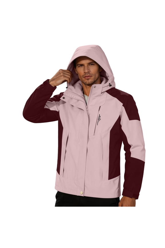 Mens and Womens Waterproof Jacket Hooded Color Block Windproof Shell Coat for Hiking Skiing Outerwear Jackets Pink L