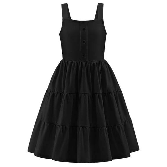 LNWUY Middle and Older Girls' Summer Dresses Solid Color Casual Sleeveless Button down Hem Flowy Layered Dresses with Pockets Black 3 Years