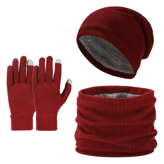 LNWUY New Padded Big Head Knit Cap Thickened Scarf Winter Warm Hat Scarf Three-Piece Men and Women Red Free Size