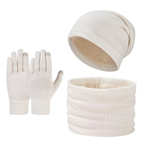 LNWUY New Padded Big Head Knit Cap Thickened Scarf Winter Warm Hat Scarf Three-Piece Men and Women White Free Size