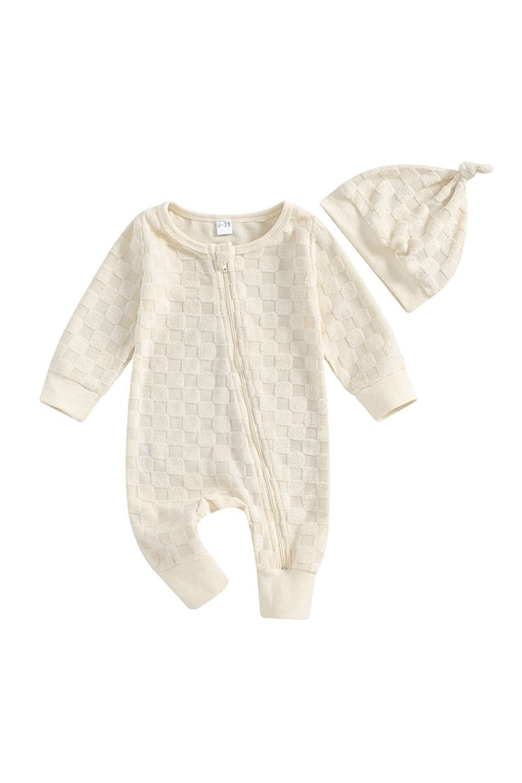 Newborn Soft Comfy Coming Home Outfit Boy Girl Baby Romper Jumpsuit with Hat 2 Piece Neutral Baby Clothes Beige 70