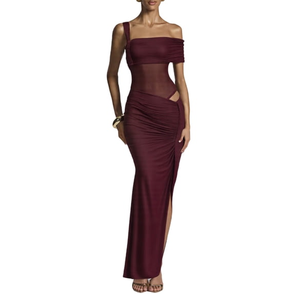 LNWUY Off One Shoulder Maxi Wedding Guest Dresses Ruched Bodycon Cut Out Mesh Slit Formal Cocktail Dress for Women Red M