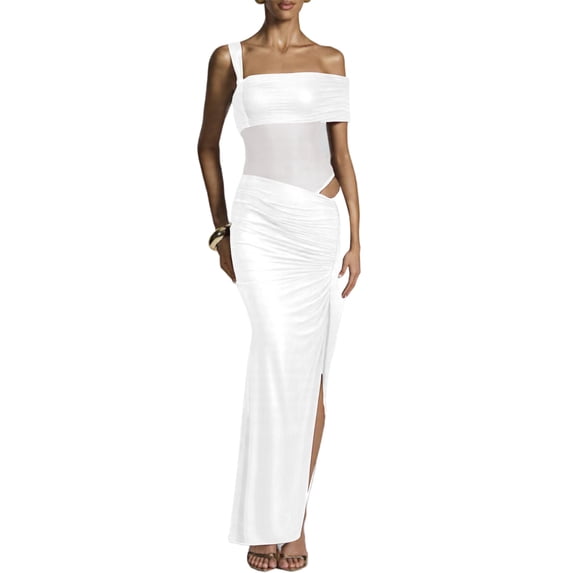 LNWUY Off One Shoulder Maxi Wedding Guest Dresses Ruched Bodycon Cut Out Mesh Slit Formal Cocktail Dress for Women White S