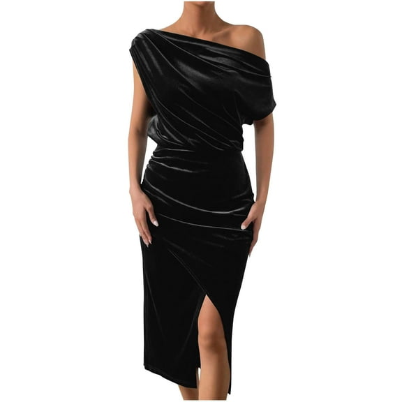 LNWUY One Shoulder Gowns for Women Elegant Long Sleeve Velvet High Split Mermaid Dresses Formal Ruched Evening Party Dress Black L