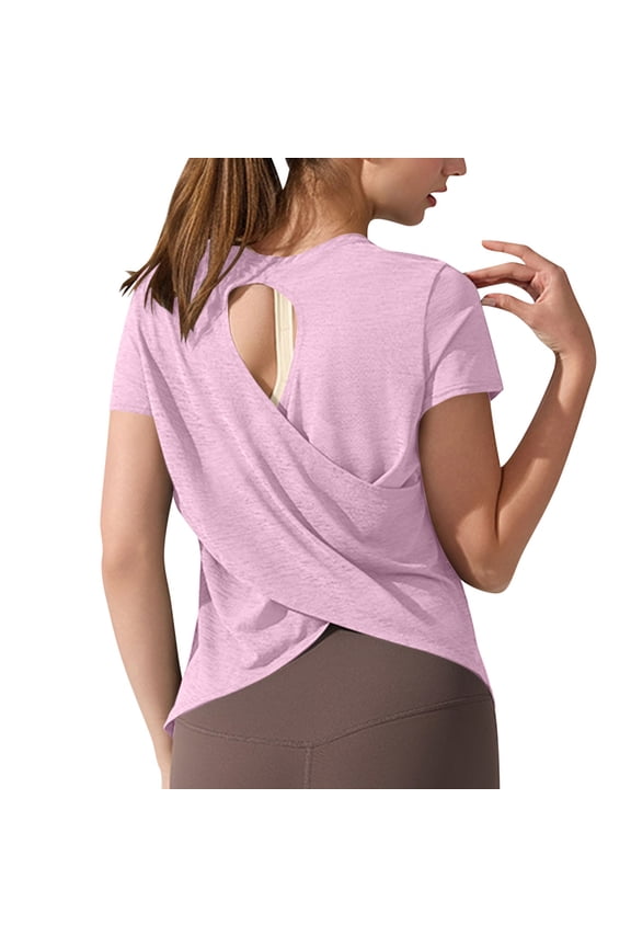 Open-Back Workout Tops for Women Slim Athletic Quick Dry Short Sleeve Casual Blouse Cute Yoga Running Layering T-Shirts Pink XL