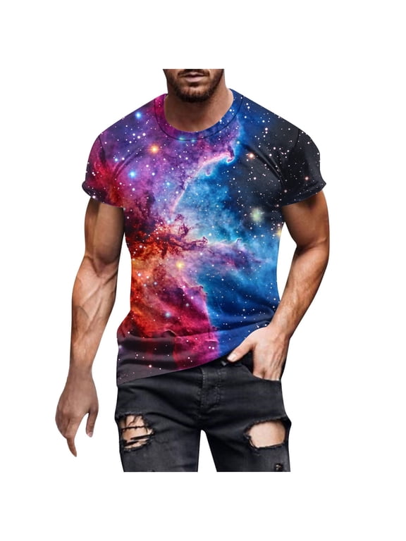 Outer Space T Shirts for Men Fashion Printed Galaxy Solar System Planets Nebula Shirt Summer Loose Comfort Breathable Round Neck T-Shirts Multicolor M