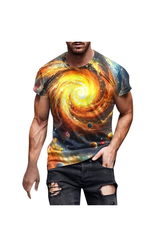 Outer Space T Shirts for Men Fashion Printed Galaxy Solar System Planets Nebula Shirt Summer Loose Comfort Breathable Round Neck T-Shirts Multicolor XXL