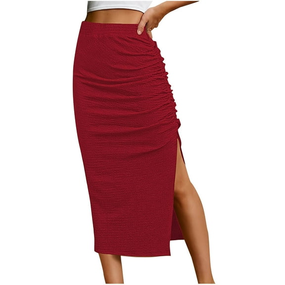 LNWUY Pencil Midi Skirt for Women 2025 Spring Summer Solid Color Casual High Waist Ruched Ribbed Knit Stretchy Bodycon Skirt with Slit Red L