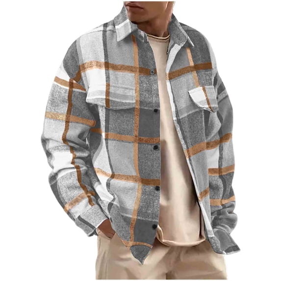 LNWUY Plaid Lightweight Mens Jacket Big and Tall Button Down Double Pocket Soft Comfy Spring Fall Casual Street Coat Gray XXL