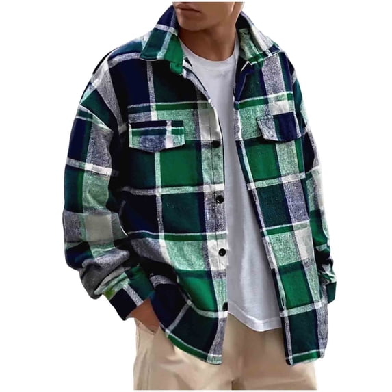 LNWUY Plaid Lightweight Mens Jacket Big and Tall Button Down Double Pocket Soft Comfy Spring Fall Casual Street Coat Green XXL