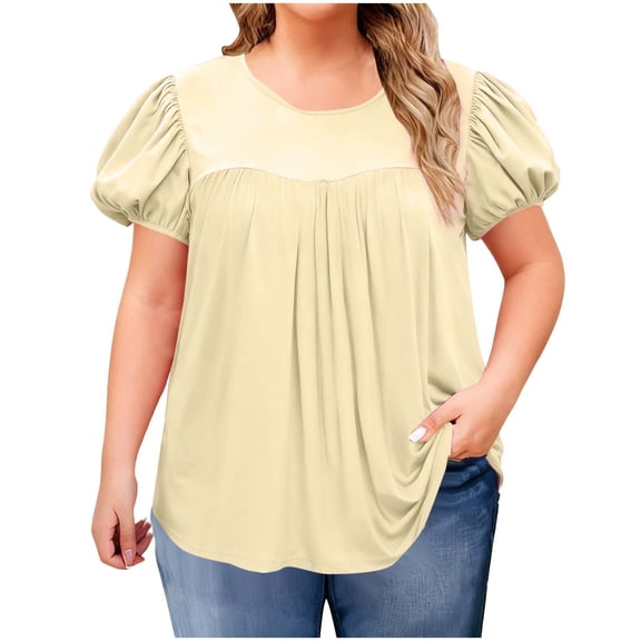 LNWUY Plus Size Blouses for Women Pleated Casual Puff Short Sleeve Round Neck Shirts Dressy Loose Summer Boho Womens Tops Beige XL