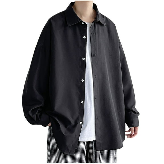 LNWUY Plus Size Dress Shirts for Men Long Sleeve Solid Color Collared Neck Lapel Tops Regular Fit Wrinkle-Free Button Shirt Black L