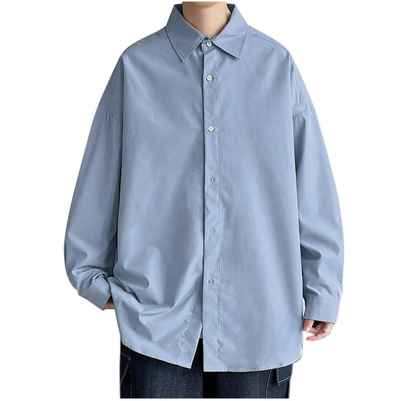 LNWUY Plus Size Dress Shirts for Men Long Sleeve Solid Color Collared Neck Lapel Tops Regular Fit Wrinkle-Free Button Shirt Blue L