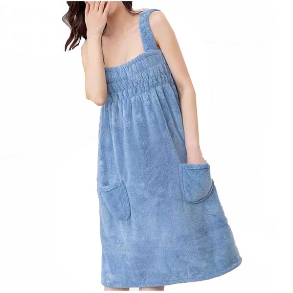 LNWUY Robes for Women Strappy High Elastic Terry Cloth Plain Fluffy After Bath Loungewear Absorbent Bathrobes Blue Free Size