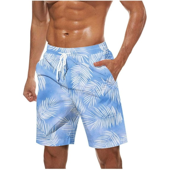 LNWUY (S-5XL) Big and Tall Men's Hawaiian Beach Shorts Swim Trunks Drawstring Elastic Waist Shorts Outdoor Lightweight Casual Swimsuit Swimwear with Pocket Light Blue M