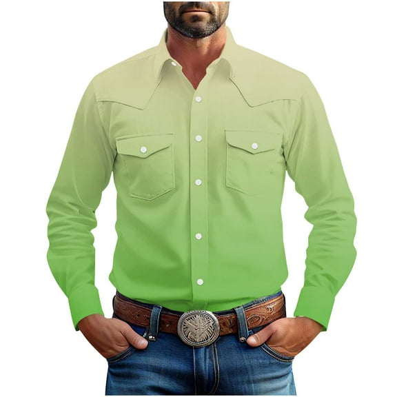LNWUY (S-5XL) Big and Tall Mens Dress Shirt Gradient Print Long Sleeve Business Casual Button Down Shirt with Pocket Green XXXL