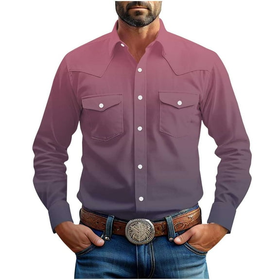 LNWUY (S-5XL) Big and Tall Mens Dress Shirt Gradient Print Long Sleeve Business Casual Button Down Shirt with Pocket Red XXXXXL