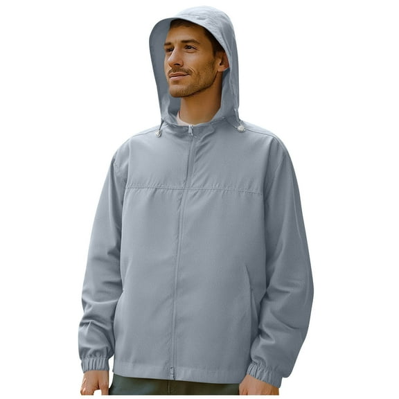 LNWUY (S-5XL) Big and Tall Rain Jacket Men Sun Protection Outdoor Zipper Pockets Jacket, Lightweight Hooded Raincoat for Daily Casual Gray XXXXL